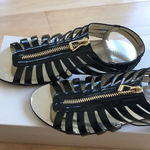 *SOLD* Jimmy Choo Black Patent Zip Cage Flat Sandal